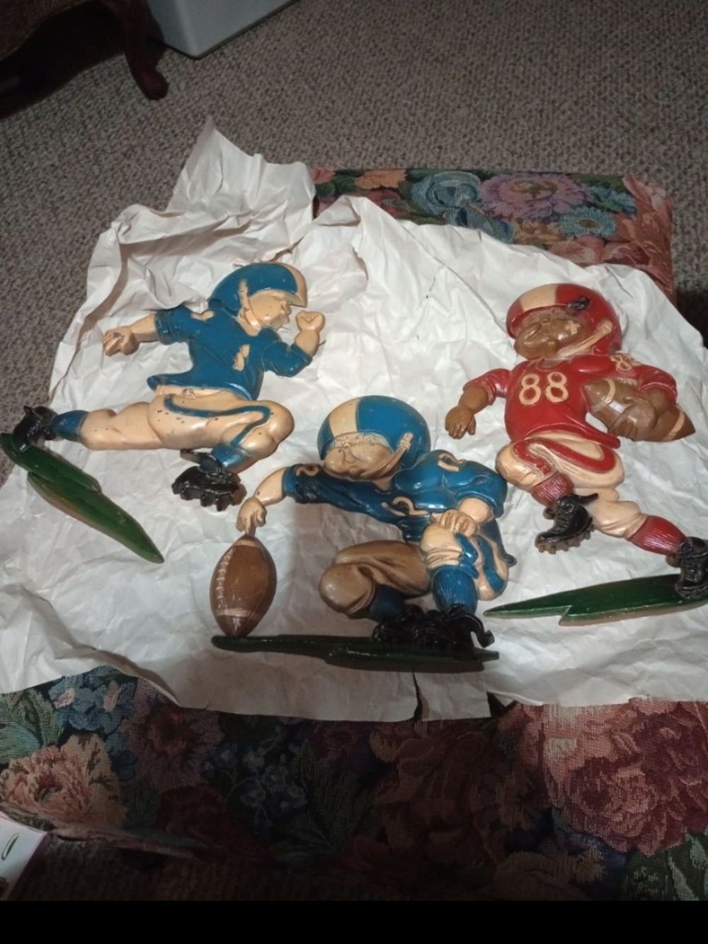 Homco Vintage Football Player Wall Plaques in Blue, Red, and Tan